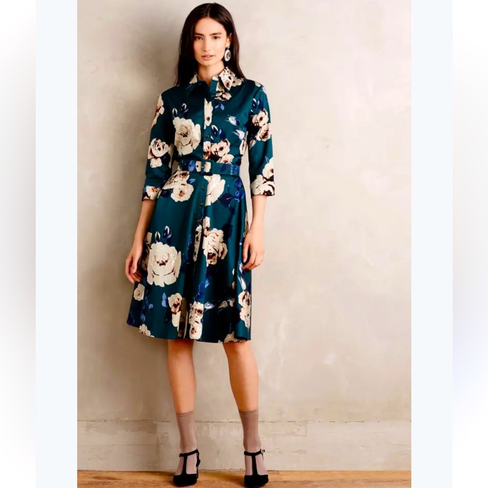 Anthropologie Peony ✨Teal Green Floral Button Up Dress ✨Belt + Pockets ✨Size 6
